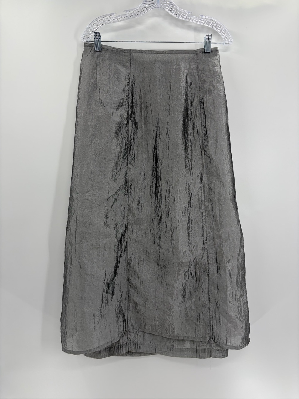 Free people Y2K Silver boho Metallic Crinkle Midi Wrap Skirt Sheer Tie size 26